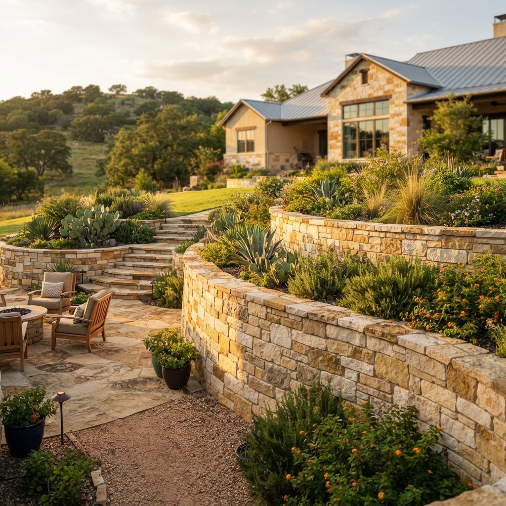 Natural stone retaining wall and landscaping in an Austin, Texas backyard