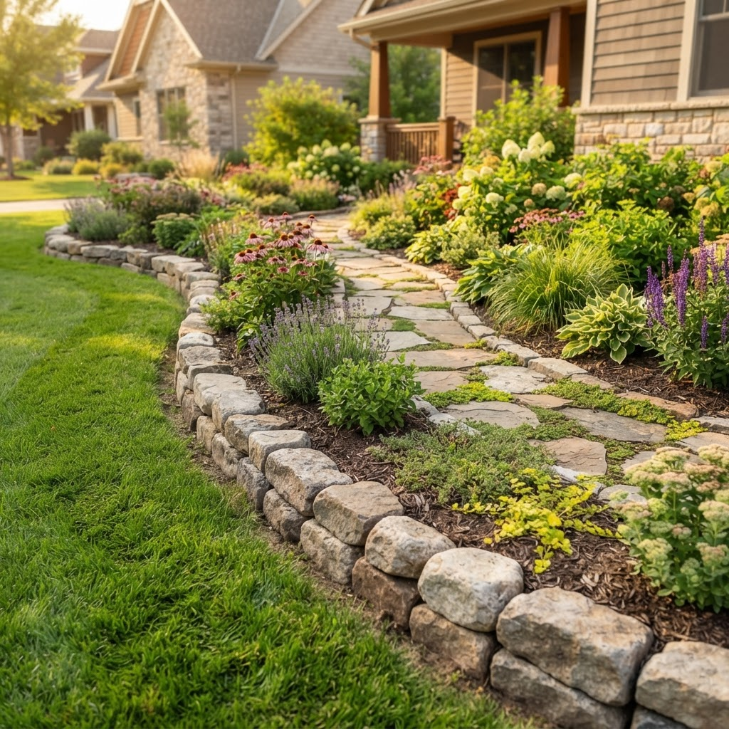 Natural stone border edging a garden bed and lawn
