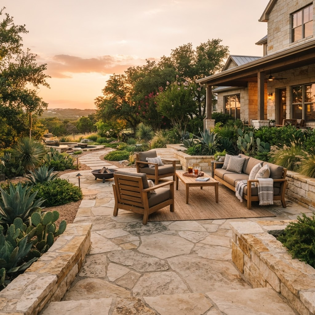 Natural flagstone patio in an Austin backyard with seating