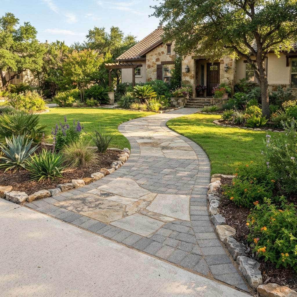 Elegant stone paver walkway winding through a Texas front yard